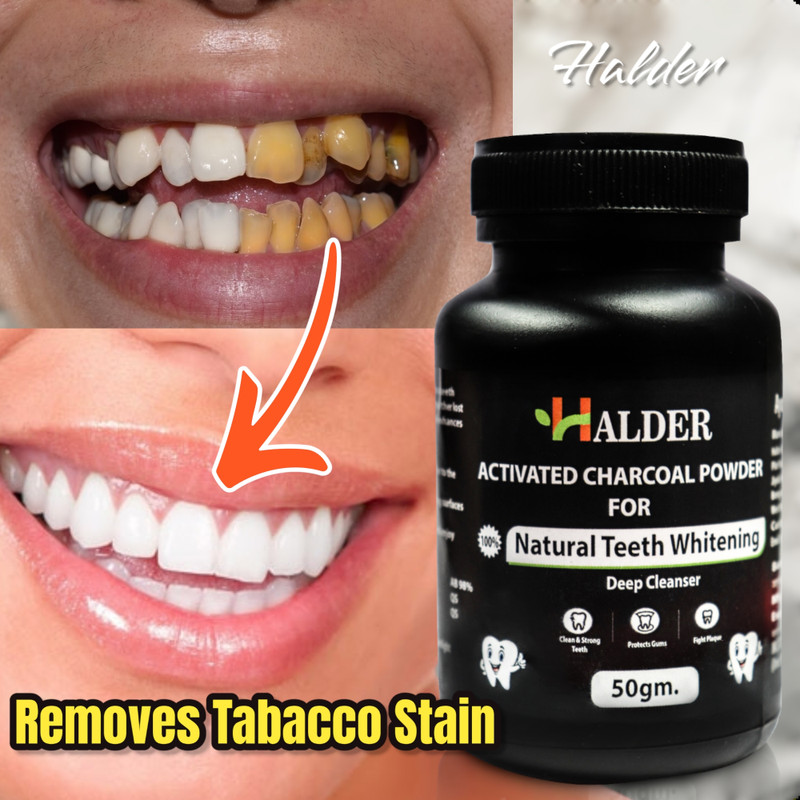 HALDER 100% Ayurvedic Charcoal Teeth Whitening Powder - Mint. Enamel Safe (50 g) Teeth Wipe(Pack of1)