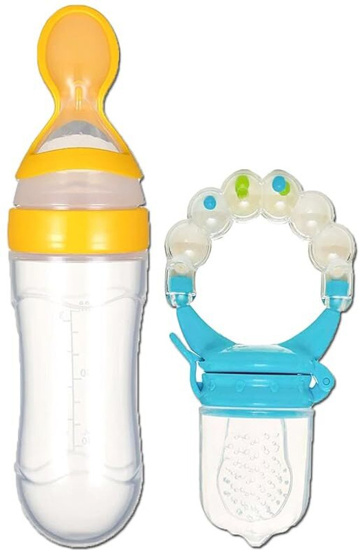 qtypie 90ml Newborn Baby Feeding Bottle Silicone Squeeze Feeding Spoon & Rattle Nibbler Feeder(Multicolor)