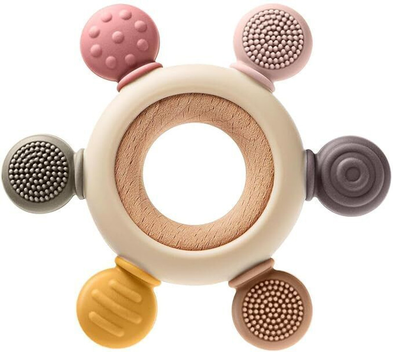 gotag Silicone & Wooden Baby Teether for 3+ Months | BPA Free Soft Teething Toy Teether(Beige)