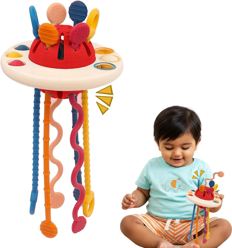 KIDOLOGY UFO Shaped Teething Toy Set for Babies | Pull String Learning Toy for 6+ Months Teether(Multicolor)