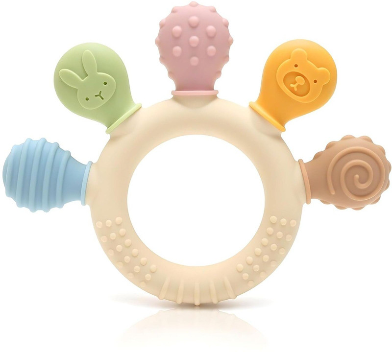 SANCORP Silicone Baby Teething Ring, Textured Sensory Toy with 5 Soothing Elements Teether(Multicolor)
