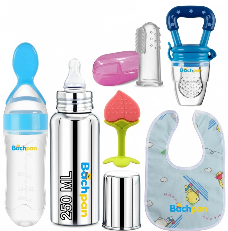 Bachpan Baby Feeding Combo Kit | Stainless Steel Bottle, Spoon, Teether, Bib & Feeder Teether and Feeder(Multicolor)
