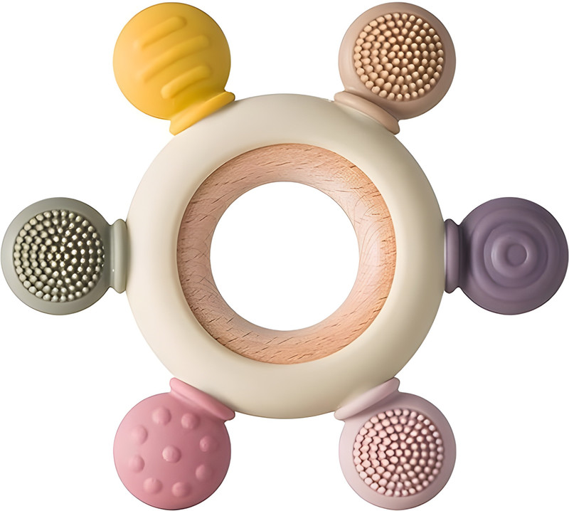 neexo Silicone & Wooden Baby 3+ Months | BPA Free Soft Teething Toy | Teether(Beige)