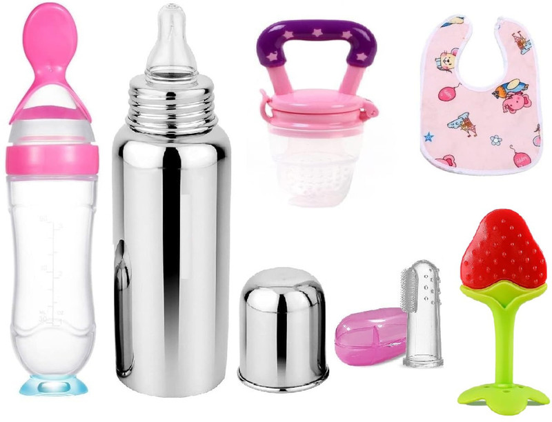 XIIAA Baby bottle,teether,bib,fruitfeeder,and finger toothbrush[packof-5] Teether and Feeder(Pink)