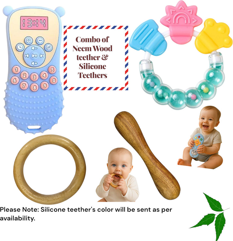 Shreeja Shilpcraft Pure Neem Wood & Soft Silicone Teether Combo for Babies | Safe Teething Toy Set Teether(Multicolor)