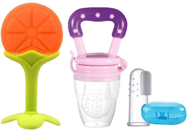 Roforuf Infant Silicone Teether, Fruit Feeder Pacifier & Finger Toothbrush Set Teether and Feeder(Orange)