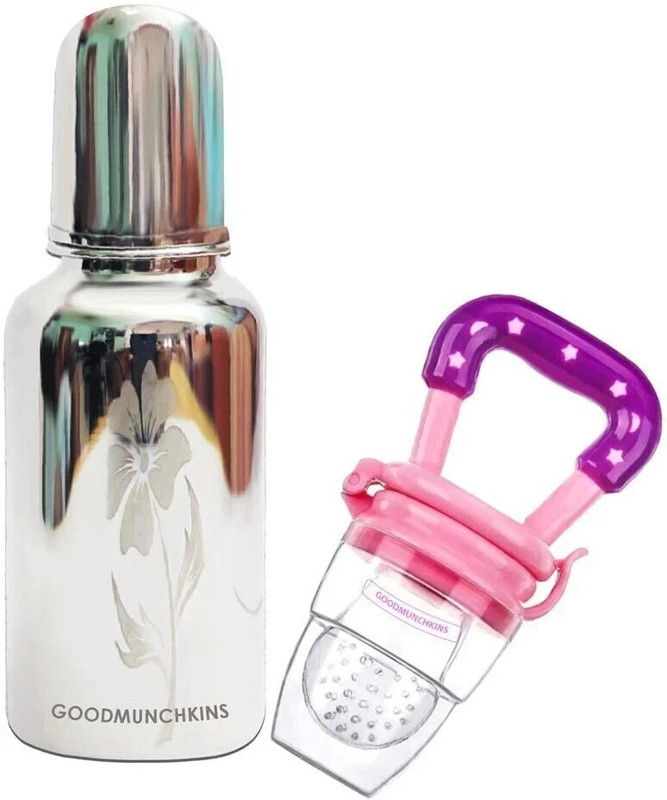 Goodmunchkins Stainless Steel Feeding Bottle 220ml -Silicone Fruit Feeder Teether and Feeder(220ml & Pink)