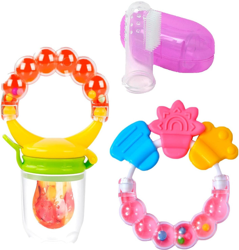 KEYKART Silicone Fruit Nibbler, Rattle Teether & Finger Brush for Babies | Feeder(Multicolor)