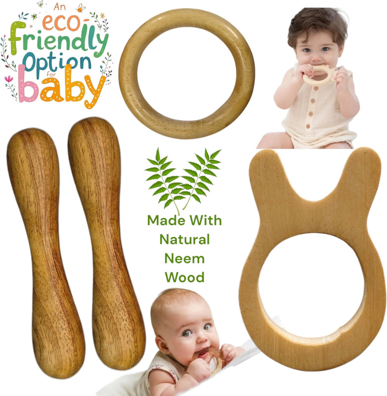 Shreeja Shilpcraft Neem Wood Teethers for Baby Set of 4 | for 3 Months Baby. (Cat Sick Ring) Teether(Brown)