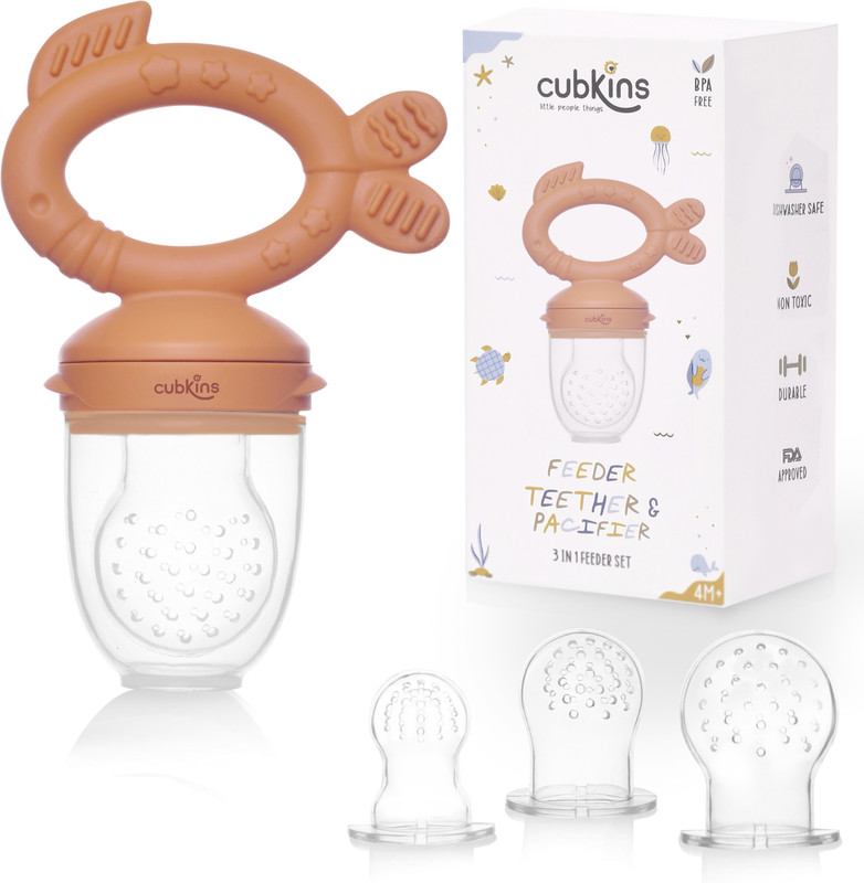 Cubkins 3 in 1 Feeder, Teether & Pacifier for Kids 4 Months+ Fruits, Breast Milk Feeder Teether and Feeder(Apricot)