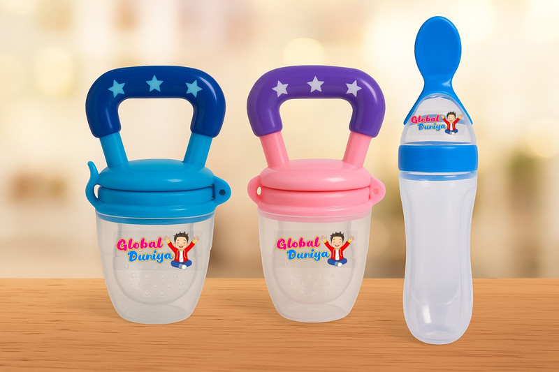 global duniya Baby Fruit Feeder & Silicone Feeding Spoon Set – BPA Free Teether and Feeder(Blue, Pink)