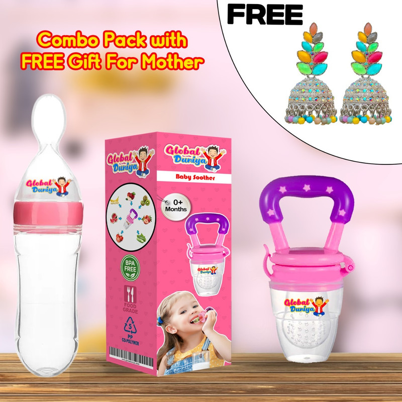 global duniya Combo pack Fruit Feeder+Spoon Bottle with FREE gift Styles Watch Feeder(GREEN+PINK)