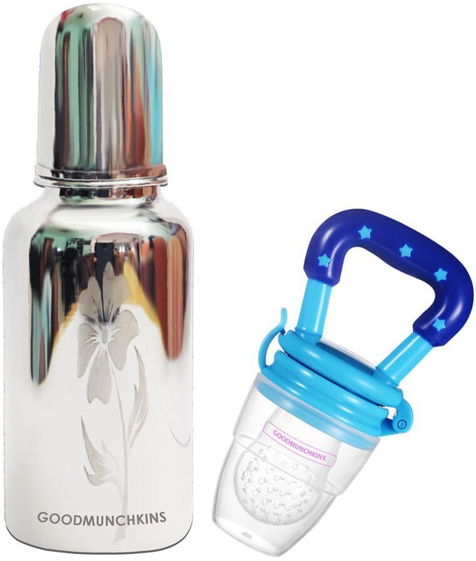 Goodmunchkins Stainless Steel Feeding Bottle 220ml -Silicon Fruit Feeder Teether and Feeder(220ml & Blue)