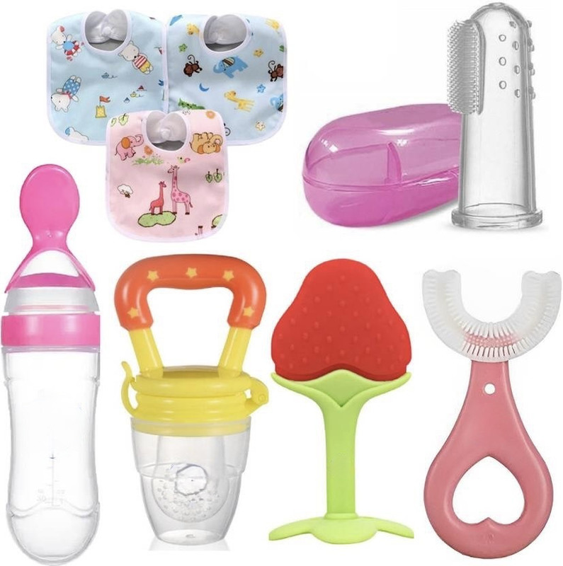 CrazzyShopperz Baby Fruit Feeder,Teether, Finger Brush, Bibs & Spoon Feeder Pack of 8 - Silicon Teether and Feeder(Multicolor)