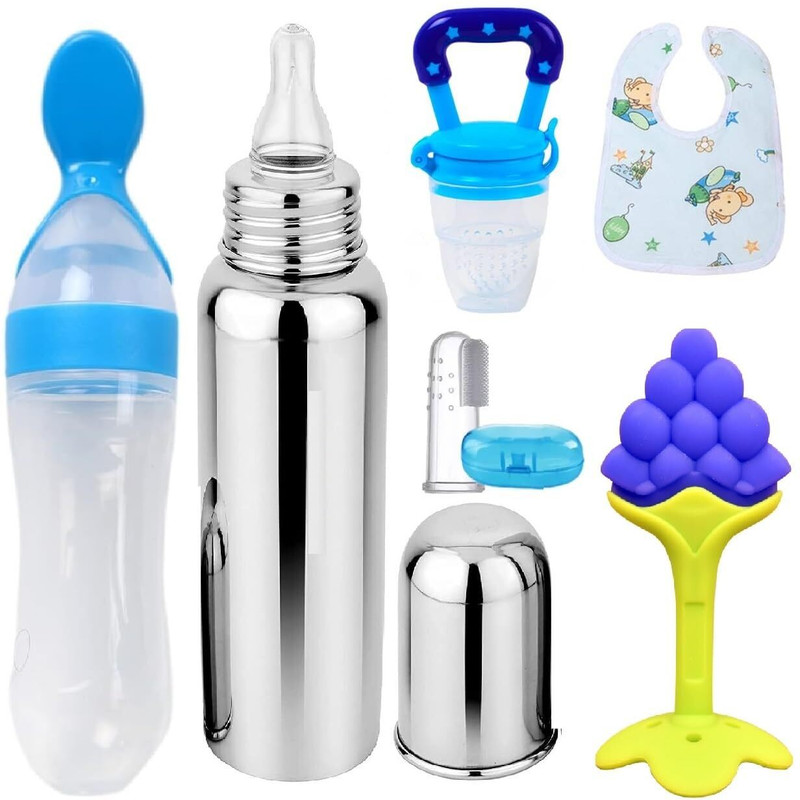 Drisona Combo of 6, Spoon Bottle 90ML,Steel Bottle 240ML,Baby Finger Brush, Baby bibs, Teether and Feeder(Blue Rattle With Steel Bottle)