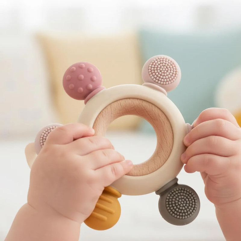 LIXAVANTA Silicone & Wooden Baby Teether Ring, BPA Free Natural Teething Toy for Infants Teether(Cream, Blush Pink, Sage Green, Soft Yellow, Beige, Lavender, Multicolor, Pastel Cream)