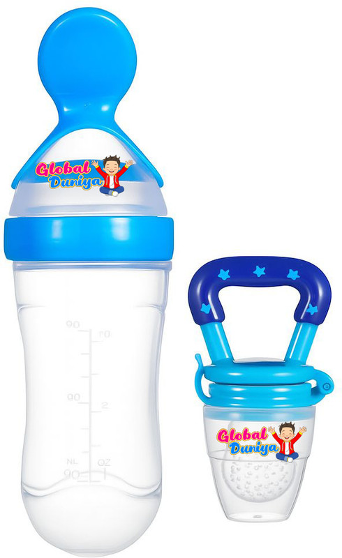 KidBee Baby Fruit Feeder Nibler With Spoon Feeding Bottle COMBO Feeder(Blue)
