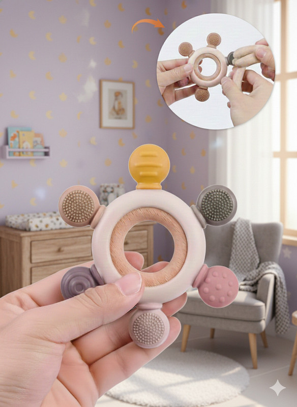 CATCLO Baby Teether Ring Wooden & Silicone,BPA Free Soft Chewing Toy for Infants Teether(Multicolor)