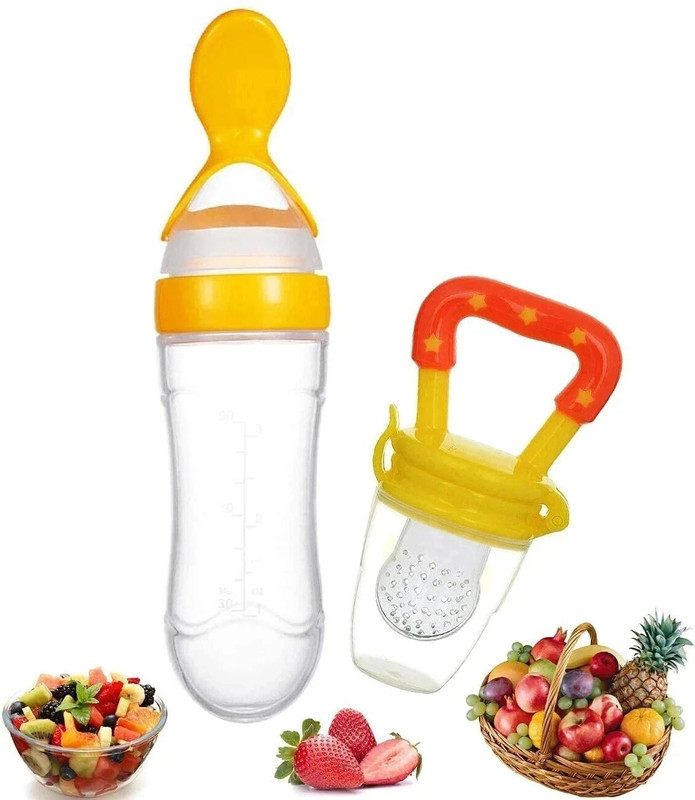 Irshayn Kidzghar Baby Safe Silicone Squeeze Fresh Food Feeder Bottle with Food Dispensing Spoon, Infant Food Nibbler Teething Toy Feeding Pacifier, Combo Pack of 2 Teether and Feeder(Multicolor)