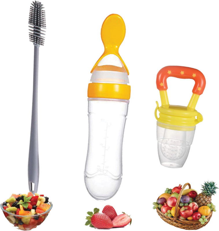 Wagwanfly Spoon and Food Feeder Theether with Cleaning Brush Teether and Feeder(Yellow)