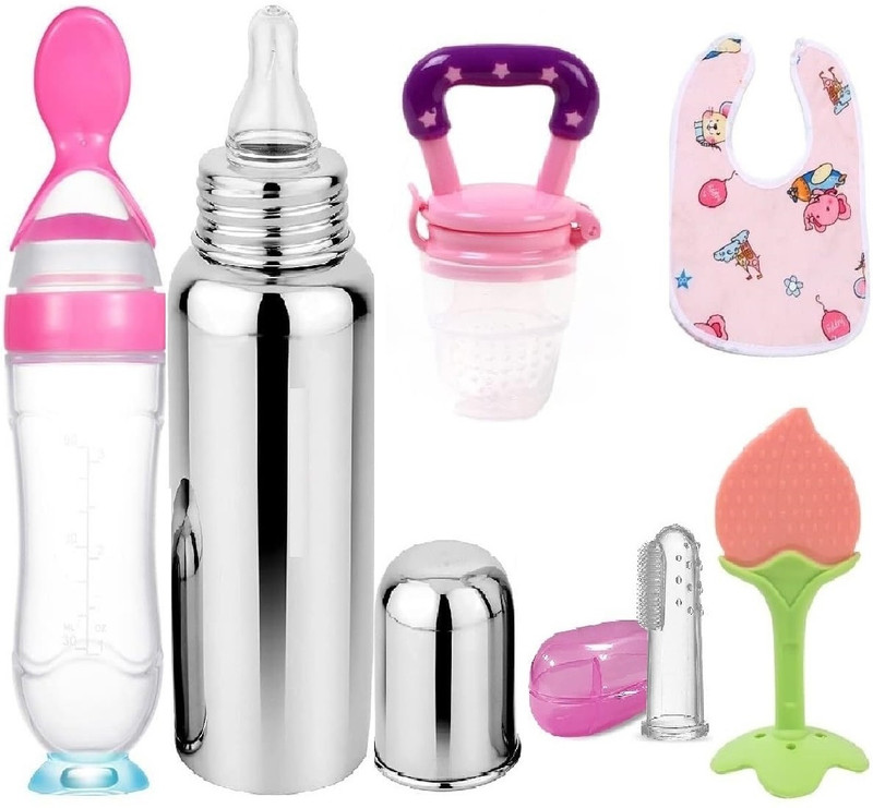 TheMomsCare Combo Pack of 6 Spoon Bottle 90ML,Steel Bottle 240ML,Baby Finger Brush,Baby bibs Teether and Feeder(Pink)