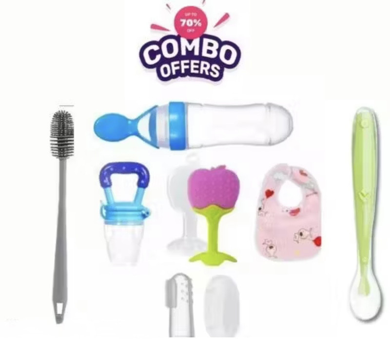 YGoyalAndCO Baby Feeding Combo Set – Bottle, Fruit Nibbler, Bib, Teether, Spoon & Brush Teether and Feeder(Multicolor)