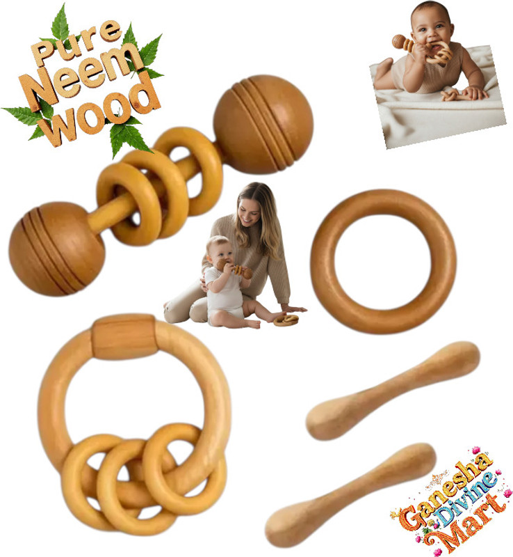 Divine Ganesha Mart Organic Pure Neem Wood Baby Rattles – Pack of 5 Safe Teething Toys Teether(Brown)
