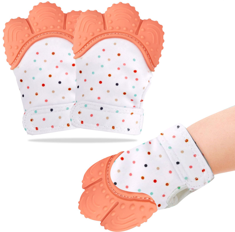KRAPTICK Teething Mitten for Infants, Baby Boys & Girls, Silicone Teething Mitt Teether Gloves BPA Free, Self-Soothing Pain Relief Mitt, Teething Toys, Ideal Baby Shower Gift (Single Piece) Teether(Orange)