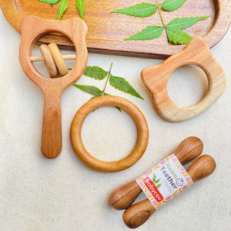 BABYCOV Baby Teether Made of Neem Wood for 3+ Months-(Set of-5) Teether(Brown)