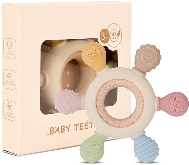 ARDAKI Wooden Teether for Babies Silicone Rudder Teething Toy with Soothe Wooden Ring Soother(Multicolor)