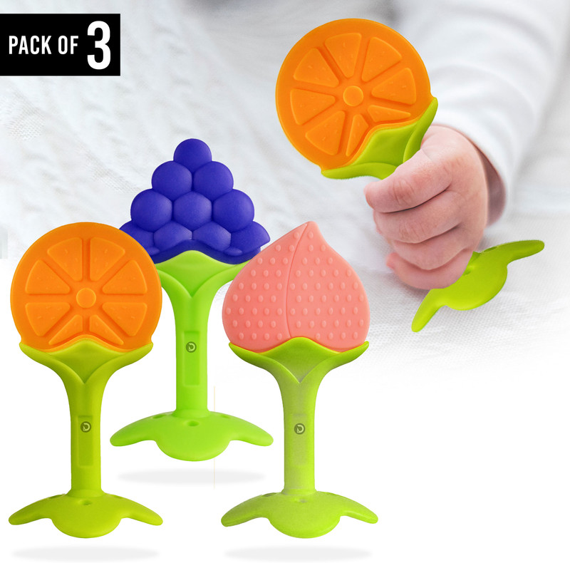 DaKos Fruits Shape Teethers for Baby, Baby Chew Toys & Mittens Teether(Combo of 3 Teethers Orange, Peach & Grapes Shape)