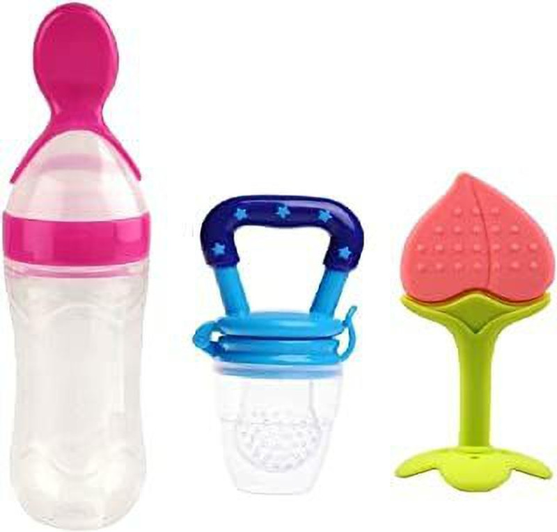 Kajaree Silicone Fruit Teether & Food Nibbler & Spoon Bottle (Multicolor) (Pack of 3) Teether and Feeder(multi 5)