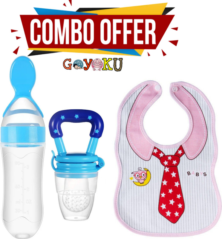 Goyoku Baby Silicone Spoon Feeding bottle With Fruit Feeder And Tie bib Pack of 3 Teether and Feeder(Multicolor)