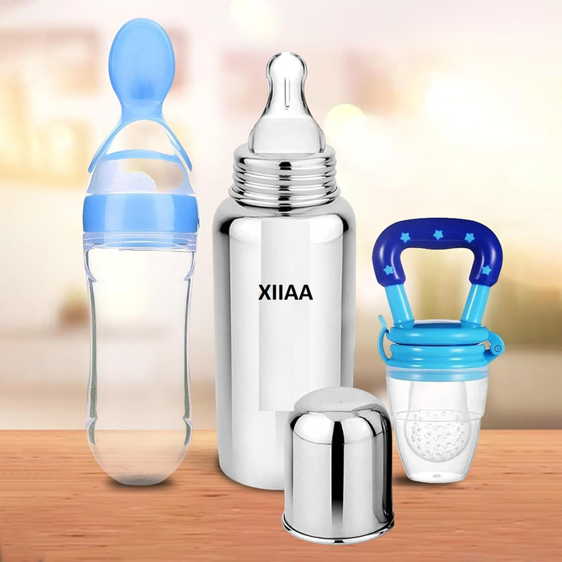 XIIAA Stainless Steel Infant Baby Feeding Bottle, Silicone Food and Fruit Feeder Teether and Feeder(Blue)