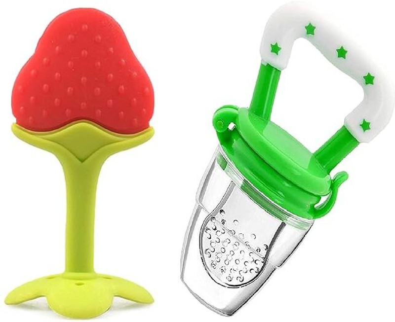 qtypie Kids Nipple Pacifier for Fruit Vegetable and Fruit Shape Silicone Teether(2pc) Teether and Feeder(Multicolor)