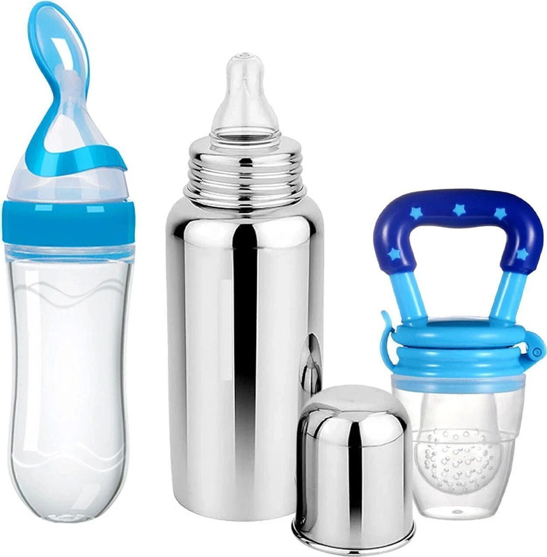 THE LITTLE BUNNY HOP IN STYLE Pack Of 3 Baby 250ml Stainless Steel Bottle | Spoon Feeder | Fruit Feeder(Multicolour 1)