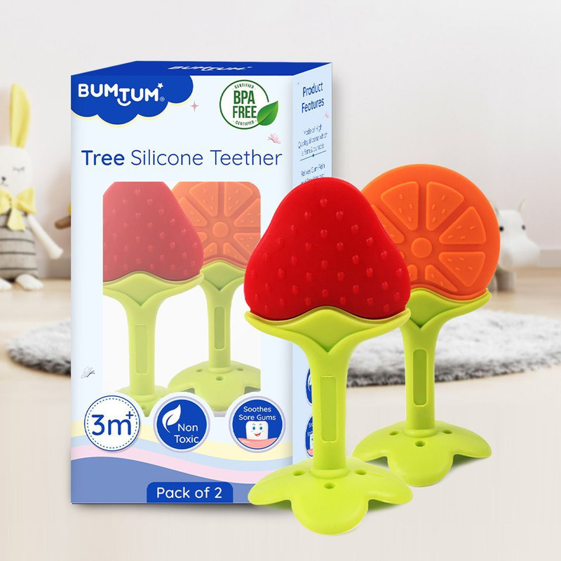 BUMTUM Silicone Baby Teether for 6 to 12 Months, Organic Freezer Safe (Pack of 2) Teether(Multicolor)