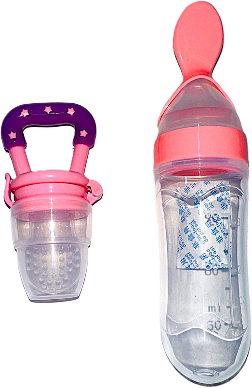 Yuvex BORN BABY SPOON BOTTLE WITH NIBBLER SET-2 BABY USE SILICON.BLUE (MULTICOLOR) Feeder(Pink)