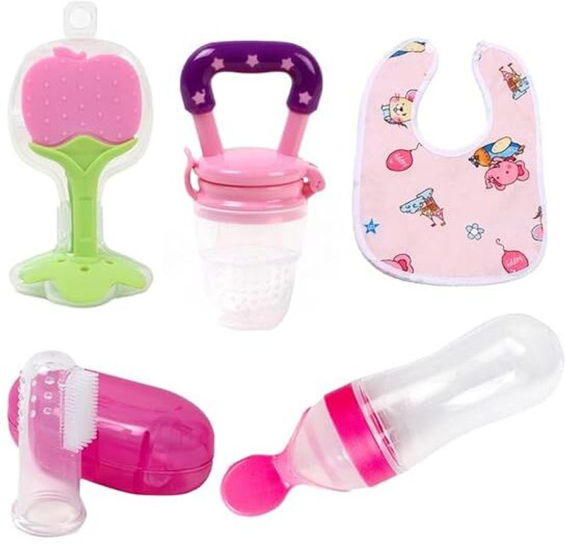 Muma's Love 5 Pieces Combo Set For Your New Born Babies Teether and Feeder Teether and Feeder(5 piece Pink Combo)