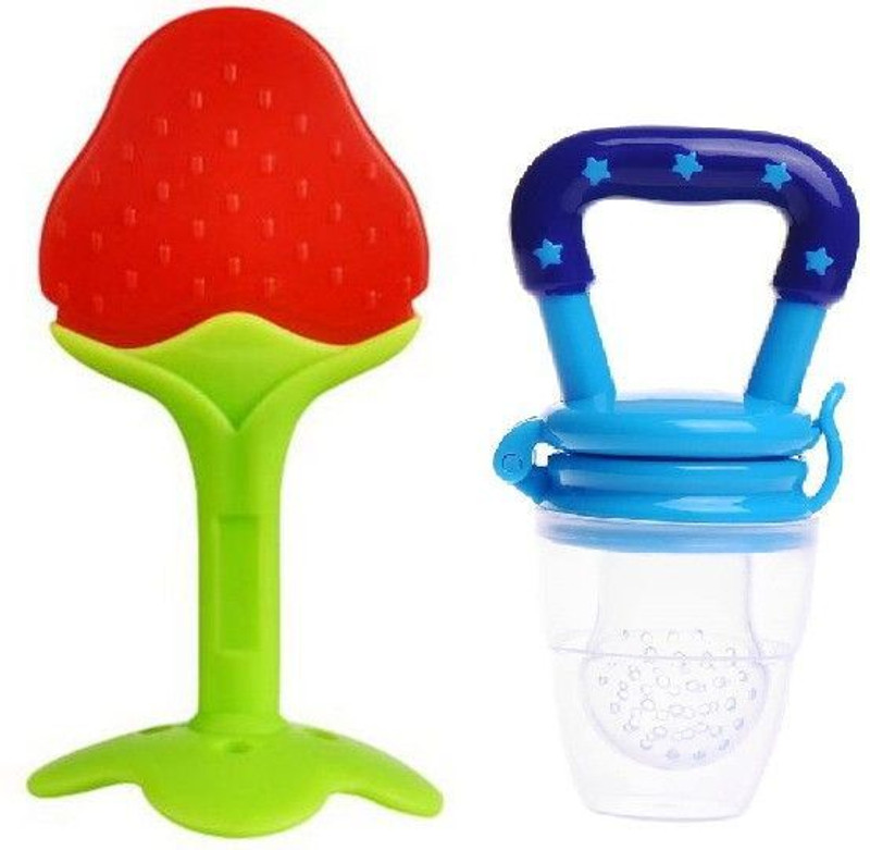 Little Warriors Baby Teething Toys Soft and Natural Fruit Shape Teether for Baby with Fruit Nibbler for Fruit Feeding Teether and Feeder(Red, Blue)
