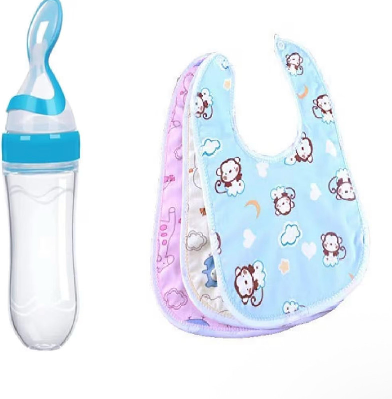 muphin trading company Baby Feeding Combo | Waterproof Bib set of-3 Silicone Feeder Bottle with Spoon Teether and Feeder(Blue)