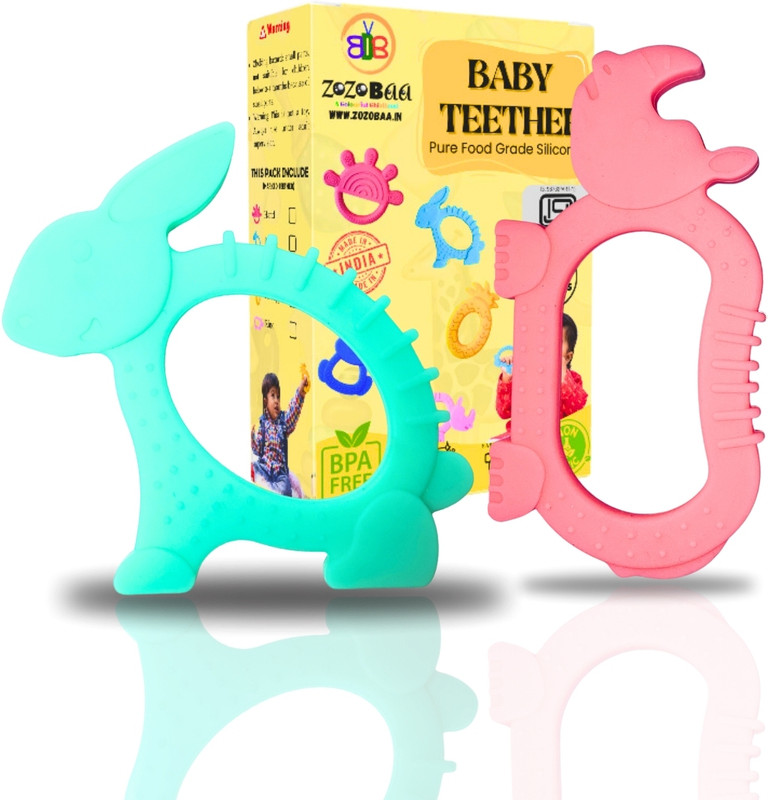 Zozobaa Rabbit & Rhino Shape Silicone Teether, Pain-Relief, Non-Toxic, Soothing Teether(Pink & Green)