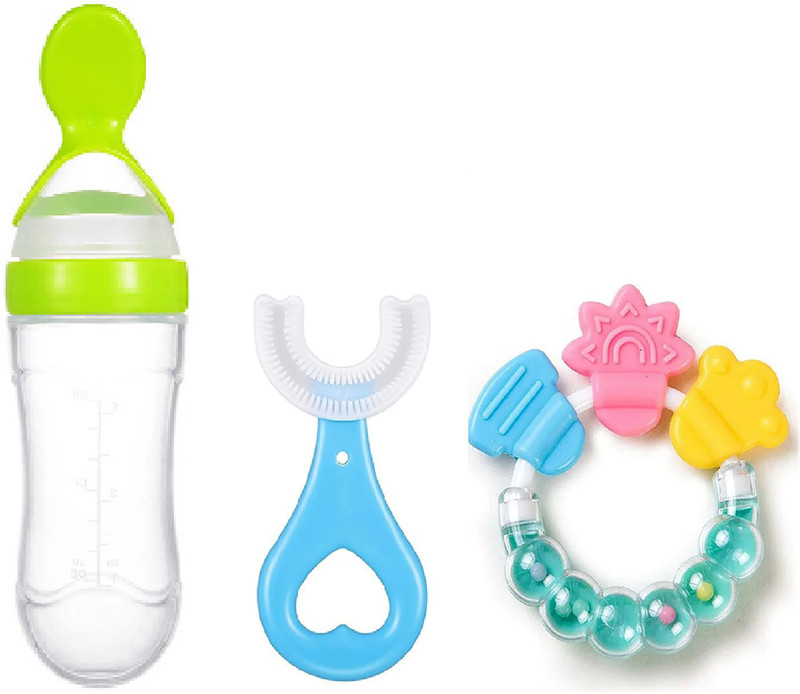 Mylie Baby Food Feeder Spoon Bottel Green ,U Shape Brush & Ring Teether Soother(Multicolor)
