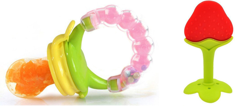 WISHKEY Baby Food Nibbler or Feeder with Rattle and Fruit Teether For Kids Set Of 2|Fruit and Vegetable Food Nibbler BPA Free For 6 to 12 Months|Silicone Fruit Teether For 0-2 years Babies|Teething Toys for Baby Teeth Growth Teether(Multicolor)