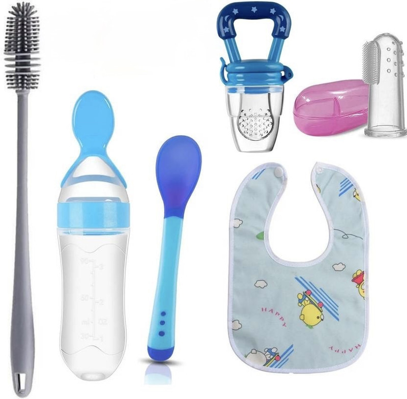 CrazzyShopperz Baby Spoon Bottle, Nibbler, Spoon, Bib, Finger brush, Bottle Brush Teether Teether and Feeder(Multicolor)