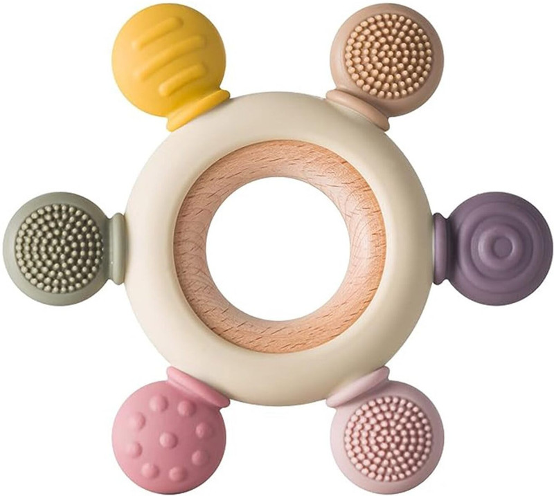 MSNB Baby Teether | Silicone Teething Ring | Wooden Grip for Easy Hold Teether(Multicolor)