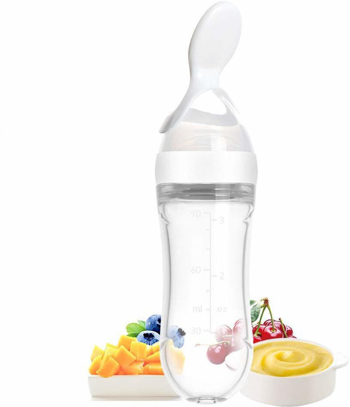 MOMSCAPE Baby Spoon Feeding Bottle Liquid Squeeze Milk Cerelac Semi Solid Food Feeder  - BPA Free, 90ML, Silicone, Plastic(White)