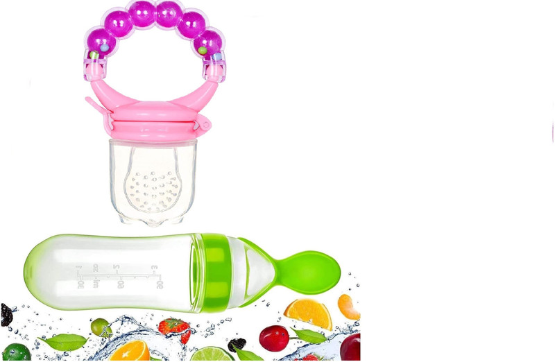Vadhavan Baby Silicone Squeeze Spoon Feeder with Fruit Rattle Nibbler Feeder(Multicolor)