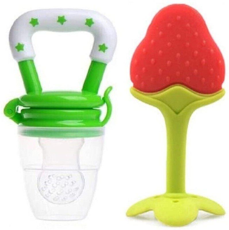 Kidsify Nibbler Soother for Babies Fruit Feeder Kids Nipple Pacifier for Fruit Vegetable and Fruit Shape Silicone Teether (Set of 2) Teether(Green,Red)