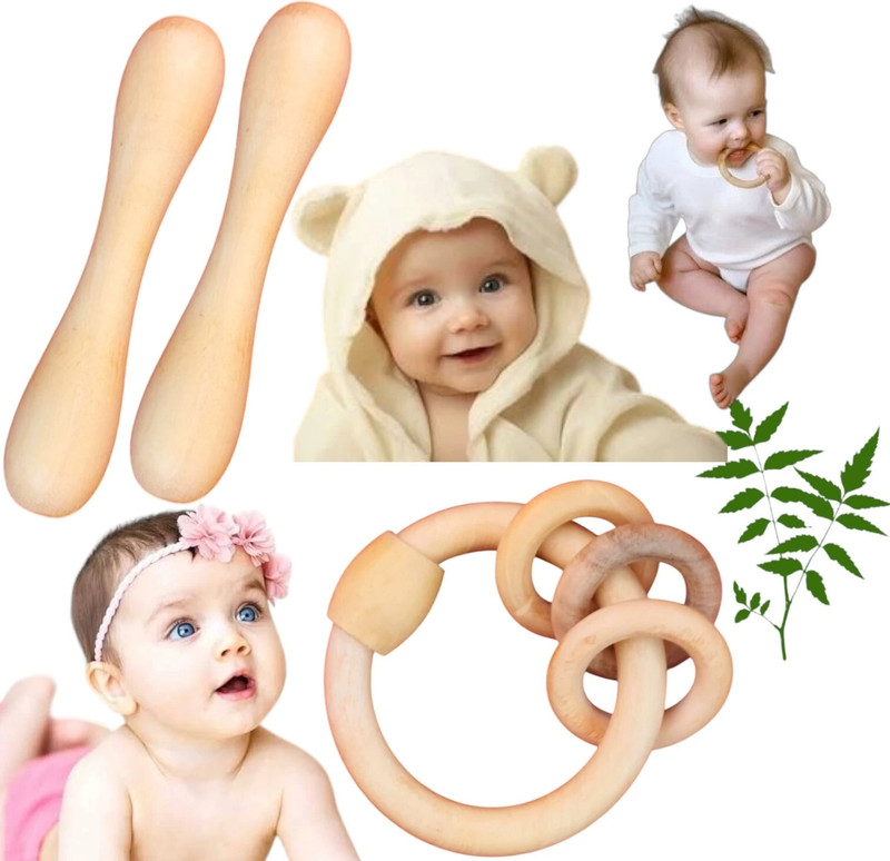 Shreeja Shilpcraft Pure Neem Wood Baby Teether Cum Rattles, Natural Teething Relief Toys Teether and Feeder(Brown)